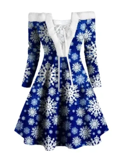 Women's Christmas Swing Dress Vintage Dress Mini Dress Green Blue Royal Blue Red White Black Long Sleeve Santa Claus Snowman Snowflake Feather Print Winter Fall Off Shoulder Stylish Elegant -Fashion Life Shop jfbnfu1666597370348