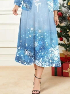 Women's Plus Size Curve Christmas Dress Casual Dress Dress Set Snowflake Midi Dress Long Sleeve Print Crew Neck Fashion Outdoor Blue Fall Winter L XL XXL 3XL 4XL -Fashion Life Shop jflozx1697778243350