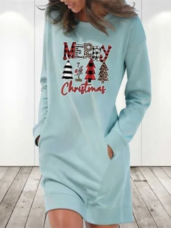 Women's Christmas Hoodie Dress Winter Dress Light Blue Grey White Long Sleeve Letter Tree Pocket Print Winter Fall Crew Neck Stylish Casual Fall Dress Loose Fit 2022 S M L XL 2XL / Cotton