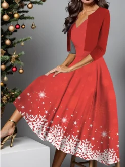 Women's Two Piece Dress Set Casual Dress Swing Dress Outdoor Christmas Fashion Elegant Print Midi Dress V Neck Half Sleeve Christmas Tree Snowflake Regular Fit Wine Red Navy Blue Fall Winter S M L XL -Fashion Life Shop jfzuzf1697181062319