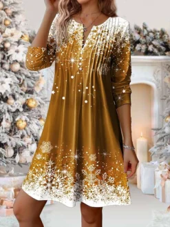 Women's Casual Dress Christmas Dress Winter Dress Snowflake Button Print Crew Neck Midi Dress Fashion Streetwear Outdoor Christmas Long Sleeve Loose Fit Yellow Wine Blue Fall Winter S M L XL XXL -Fashion Life Shop jjkkwl1697190871010