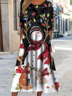 Women's Christmas Casual Dress Swing Dress Midi Dress Midi Dress Black Blue Navy Blue Half Sleeve Snowman Pocket Winter Fall Autumn Round Neck Fashion Christmas Daily 2022 S M L XL XXL 3XL -Fashion Life Shop jjqoyp1667815775443
