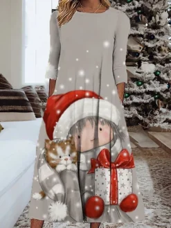 Women's Christmas Casual Dress Shift Dress Midi Dress Green 3/4 Length Sleeve Santa Claus Ruched Winter Fall Autumn Fashion Daily 2022 S M L XL XXL 3XL -Fashion Life Shop jjrims1668072217244