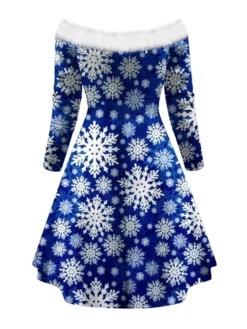 Women's Christmas Swing Dress Vintage Dress Mini Dress Green Blue Royal Blue Red White Black Long Sleeve Santa Claus Snowman Snowflake Feather Print Winter Fall Off Shoulder Stylish Elegant -Fashion Life Shop jjspss1666597370704