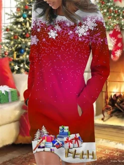 Women's Christmas Casual Dress Sweatshirt Dress Mini Dress Warm Fashion OutdoorHoliday Crew Neck Pocket Print Snowflake Loose Fit Wine Blue Green S M L XL XXL 5 Women's Christmas Casual Dress Sweatshirt Dress Mini Dress Warm Fashion OutdoorHoliday Crew Neck Pocket Print Snowflake Loose Fit Wine Blue Green S M L XL XXL -Fashion Life Shop jjvlai1695644505327