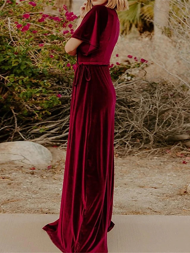 Women's Christmas Dress Casual Dress Velvet Dress Long Dress Maxi Dress Lace Up Split Outdoor Christmas Daily Fashion Elegant V Neck Short Sleeve 2023 Regular Fit Black Wine Gold Color S M L XL XXL 5 Women's Christmas Dress Casual Dress Velvet Dress Long Dress Maxi Dress Lace Up Split Outdoor Christmas Daily Fashion Elegant V Neck Short Sleeve 2023 Regular Fit Black Wine Gold Color S M L XL XXL - Image 5