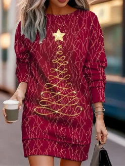 Women's Christmas Casual Dress Sweatshirt Dress Mini Dress Warm Fashion Outdoor Vacation Crew Neck Print Santa Claus Christmas Tree Print Loose Fit Wine Red Burgundy S M L XL XXL -Fashion Life Shop jkodyo1695349334075
