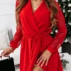 Women's Lace Dress Black Dress Plain Dress Mini Dress Patchwork With Belt Party Christmas Date Basic Elegant V Neck Long Sleeve Mesh Regular Fit Black Red Dark Green Color S M L XL XXL Size