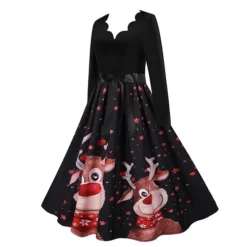 Women's Christmas Knee Length Dress Gray White Black Red Brown Long Sleeve Print Bow Print Fall Winter V Neck Casual Vintage2021 S M L XL XXL 3XL -Fashion Life Shop jkyyff1629971759830