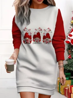 Women's Christmas Casual Dress Sweatshirt Dress Mini Dress Warm Fashion OutdoorVacation Crew Neck Print Geometric Santa Claus Loose Fit Wine Red Burgundy S M L XL XXL -Fashion Life Shop jliokt1695365428129