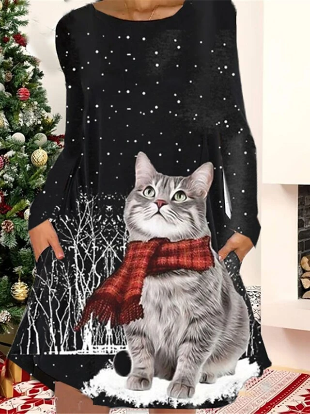 Women's Christmas Casual Dress T Shirt Dress Tee Dress Shift Dress Mini Dress Black Wine Light Red Long Sleeve Plaid Pocket Winter Fall Autumn Crew Neck Fashion 2022 S M L XL XXL 3XL 4 Women's Christmas Casual Dress T Shirt Dress Tee Dress Shift Dress Mini Dress Black Wine Light Red Long Sleeve Plaid Pocket Winter Fall Autumn Crew Neck Fashion 2022 S M L XL XXL 3XL - Image 4