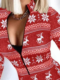 Women's Christmas Bodycon Sheath DressShort Mini Dress Dark Blue Red Brown Long Sleeve Elk Snowflake Zipper Print Fall Winter V Neck Stylish Casual Modern 2022 S M L XL XXL 3XL -Fashion Life Shop jlqjtp1663726286443