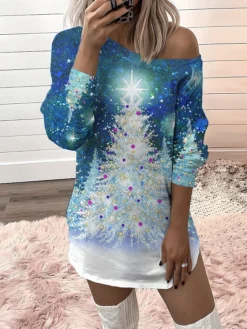 Women‘s Christmas Casual Dress Sweatshirt Dress Mini Dress Warm Fashion Outdoor Holiday Crew Neck Print Tree Loose Fit Black Blue Gold S M L XL XXL