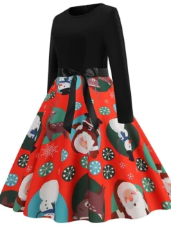 Women's Christmas Swing Dress Vintage Dress Midi Dress Green Blue Light Green Long Sleeve Santa Claus Bow Winter Fall Autumn Crew Neck Fashion Daily Date 2022 S M L XL XXL 3XL -Fashion Life Shop jnbrwd1667894617544