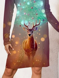 Women's Casual Dress Christmas Dress Winter Dress Deer Print V Neck Mini Dress Fashion Streetwear Outdoor Christmas Long Sleeve Loose Fit Blue Fall Winter S M L XL XXL -Fashion Life Shop joxouy1697095740012