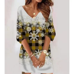 Women‘s Christmas Sweatshirt Dress Winter Dress Short Mini Dress Black 3/4 Length Sleeve Hat Print Fall Winter V Neck Vacation Casual 2022 S M L XL XXL 3XL -Fashion Life Shop jrhjqe1666786434772