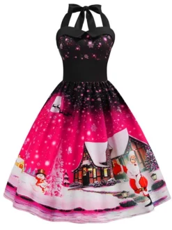 Women's Christmas Knee Length Dress Blue Purple Blushing Pink Red Sleeveless Print Lace Up Print Fall Summer Halter Neck VintageParty Slim 2021 S M L XL XXL -Fashion Life Shop jrufbo1601018456929