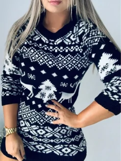 Women‘s Christmas Sweater Dress Jumper Dress Winter Dress Warm Geometric Tree Print Outdoor Christmas Casual Daily Crew Neck Long Sleeve 2023 Regular Fit Black Red Green S M L XL XXL -Fashion Life Shop jsyhaf1694165718378