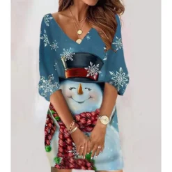 Women‘s Christmas Sweatshirt Dress Winter Dress Short Mini Dress Black 3/4 Length Sleeve Hat Print Fall Winter V Neck Vacation Casual 2022 S M L XL XXL 3XL -Fashion Life Shop jtdadn1666786444881