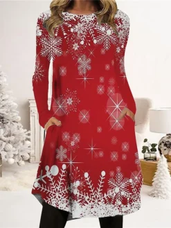 Women's Christmas Casual Dress T Shirt Dress Tee Dress Shift Dress Mini Dress Red Long Sleeve Snowflake Pocket Winter Fall Autumn Crew Neck Fashion Christmas Daily 2022 S M L XL XXL 3XL