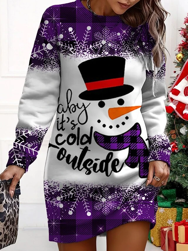 Women‘s Christmas Casual Dress Sweatshirt Dress Mini Dress Warm Fashion Outdoor Holiday Crew Neck Print Snowman Print Loose Fit Wine Red Purple S M L XL XXL 3 Women‘s Christmas Casual Dress Sweatshirt Dress Mini Dress Warm Fashion Outdoor Holiday Crew Neck Print Snowman Print Loose Fit Wine Red Purple S M L XL XXL - Image 3