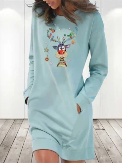 Women‘s Christmas Hoodie Dress Winter Dress Light Blue Grey White Long Sleeve Elk Snowflake Pocket Print Winter Fall Crew Neck Stylish Casual 2022 S M L XL 2XL / Cotton