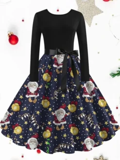 Women's Christmas Vintage DressKnee Length Dress Green Black Dark Blue Red Long Sleeve Geometric Tree Print Print Fall Winter Crew Neck Vintage Elegant 2022 S M L XL XXL 3XL
