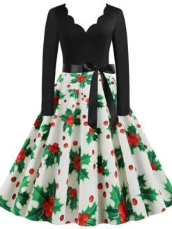 Women's Christmas Retro 1950s Vintage Dress Midi Dress Party Ruched Bow Fruit V Neck Long Sleeve Regular Fit Fall Winter 2023 Deep Green Black S M L XL -Fashion Life Shop juqijs1695363825453