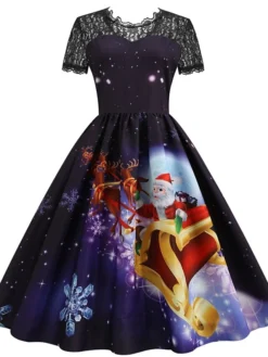 Women's Christmas Casual Dress Swing Dress Midi Dress Blue Purple Royal Blue Short Sleeve Santa Claus Lace Print Winter Fall Crew Neck Vacation Vintage 2022 S M L XL XXL 3XL -Fashion Life Shop juykmy1666927631027