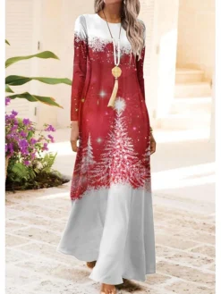 Women's Casual Dress Christmas Dress Swing Dress Christmas Tree Print Crew Neck Long Dress Maxi Dress Fashion Streetwear Outdoor Christmas Long Sleeve Regular Fit Yellow Red Blue Fall Winter S M L XL