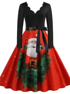 Women's Christmas Swing Dress Vintage Dress Midi Dress Green Blue Purple Long Sleeve Santa Claus Bow Winter Fall Autumn V Neck Fashion Daily Date 2022 S M L XL XXL 3XL -Fashion Life Shop jwdalt1667894686612
