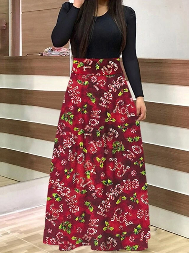 Women's Christmas Sheath DressMaxi Long Dress Green Light Red Dark Blue Red White Black Long Sleeve Floral Letter Bell Patchwork Print Fall Winter Round Neck Stylish Modern 2022 S M L XL 5 Women's Christmas Sheath DressMaxi Long Dress Green Light Red Dark Blue Red White Black Long Sleeve Floral Letter Bell Patchwork Print Fall Winter Round Neck Stylish Modern 2022 S M L XL - Image 5