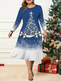 Women's Christmas Plus Size Curve Casual Dress Skater Dress A Line Dress Christmas Tree Snowflake Midi Dress Long Sleeve Print Crew Neck Fashion Outdoor Yellow Wine Fall Winter L XL XXL 3XL 4XL -Fashion Life Shop jwwojk1695264753738