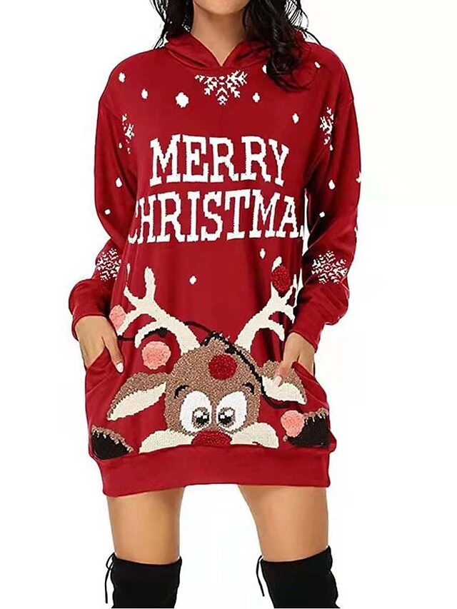 Women‘s Christmas Casual Dress Hoodie Dress Mini Dress Fashion Daily Outdoor Vacation V Neck Pocket Bell Regular Fit Black White Red S M L XL XXL 3 Women‘s Christmas Casual Dress Hoodie Dress Mini Dress Fashion Daily Outdoor Vacation V Neck Pocket Bell Regular Fit Black White Red S M L XL XXL - Image 3