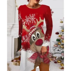 Women's Christmas Casual Dress T Shirt Dress Tee Dress Mini Dress Black Blue Red Long Sleeve Tree Snowflake Pocket Print Winter Fall Crew Neck Vacation Casual 2022 S M L XL XXL 3XL -Fashion Life Shop jzkbau1668238086962