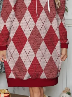 Women's Casual Dress Hoodie Dress Mini Dress Warm Fashion Outdoor Christmas Holiday Hoodie Print Geometric Loose Fit Red S M L XL XXL -Fashion Life Shop jzmmkk1696733155041