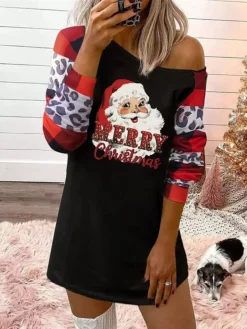 Women's Casual Dress Sweatshirt Dress Mini Dress Warm Fashion Outdoor Christmas Holiday Crew Neck Print Santa Claus Loose Fit Black S M L XL XXL