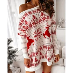 Women‘s Christmas Sweater Dress Winter Dress Casual Dress Red White Long Sleeve Elk Tree Snowflake Knit Print Winter Fall Crew Neck Fashion Casual Fit 2022 S M L XL -Fashion Life Shop kaqkpo1662546641800