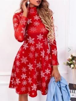 Women's Christmas Short Mini DressShort Mini Dress Red Long Sleeve Snowflake Print Fall Winter High Neck Party Casual Modern 2022 S M L XL XXL 3XL 4XL 5XL -Fashion Life Shop kaqnll1663729457401