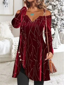 Women's Casual Dress Christmas Dress Velvet Dress Geometric Sequins Button Strap Mini Dress Fashion Modern Outdoor Christmas Long Sleeve Regular Fit Wine Fall Winter S M L XL XXL