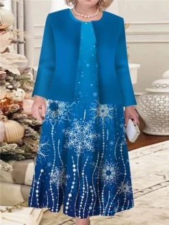 Women‘s Christmas Plus Size Curve Casual Dress Dress Set Two Piece Dress Floral Midi Dress Long Sleeve Print Crew Neck Fashion Outdoor Red Blue Fall Winter L XL XXL 3XL 4XL