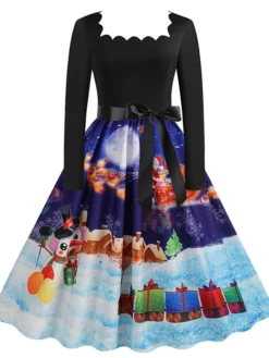 Women's Christmas Casual Dress Vintage Dress Midi Dress Black Blue Wine Long Sleeve Santa Claus Bow Winter Fall Spring Square Neck Vacation Christmas Daily Vacation 2022 S M L XL XXL 3XL -Fashion Life Shop kblbsj1667637128742