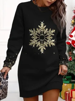 Women's Christmas Casual Dress Sweatshirt Dress Mini Dress Warm Fashion OutdoorVacation Crew Neck Print Snowman Loose Fit Black Yellow Blue S M L XL XXL