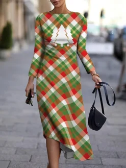 Women's Casual Dress Christmas Dress Print Dress Plaid Christmas Tree Print Crew Neck Midi Dress Fashion Streetwear Outdoor Christmas Long Sleeve Slim Green Fall Winter S M L XL XXL