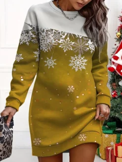Women's Christmas Casual Dress Sweatshirt Dress Mini Dress Warm Fashion OutdoorVacation Crew Neck Print Print Loose Fit Yellow Red Blue S M L XL XXL -Fashion Life Shop kdlory1695365366288