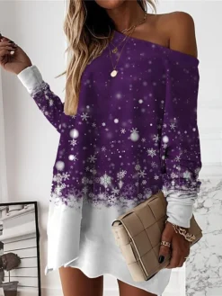 Women‘s Christmas Casual Dress Sweatshirt Dress Mini Dress Warm Fashion Outdoor Holiday Crew Neck Print Print Loose Fit Burgundy Blue Purple S M L XL XXL -Fashion Life Shop kdoudn1694502608897