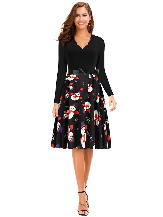 Women's Christmas Knee Length Dress Black Long Sleeve Print Print Winter V Neck Active3D Print S M L XL XXL XXXL 2 Women's Christmas Knee Length Dress Black Long Sleeve Print Print Winter V Neck Active3D Print S M L XL XXL XXXL - Image 2