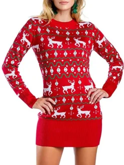 Women‘s Christmas Sweater Dress Jumper Dress Winter Dress Fashion Tree Deer Outdoor Christmas Daily Vacation Crew Neck Long Sleeve Patchwork 2023 Regular Fit Red Blue S M L