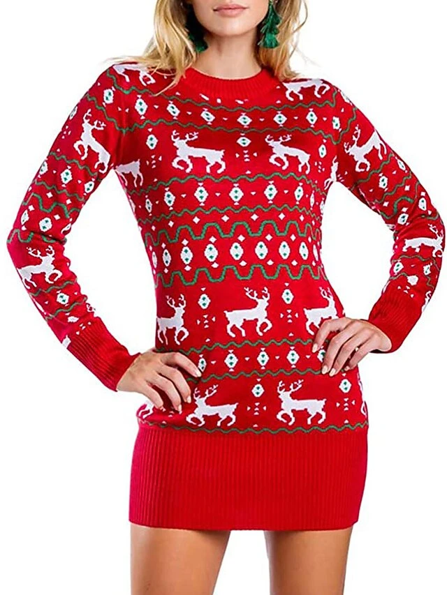 Women‘s Christmas Sweater Dress Jumper Dress Winter Dress Fashion Tree Deer Outdoor Christmas Daily Vacation Crew Neck Long Sleeve Patchwork 2023 Regular Fit Red Blue S M L 1 Women‘s Christmas Sweater Dress Jumper Dress Winter Dress Fashion Tree Deer Outdoor Christmas Daily Vacation Crew Neck Long Sleeve Patchwork 2023 Regular Fit Red Blue S M L