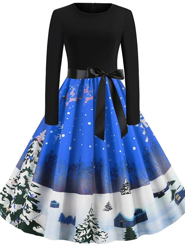 Women's Christmas Knee Length Dress Blue Purple Wine Gray Green Black Red Light Blue Long Sleeve Print Bow Print Fall Winter Round Neck Casual Vintage2021 S M L XL XXL 18 Women's Christmas Knee Length Dress Blue Purple Wine Gray Green Black Red Light Blue Long Sleeve Print Bow Print Fall Winter Round Neck Casual Vintage2021 S M L XL XXL - Image 18